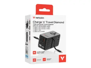 Adaptor Verbatim GaN,70W,2 cabluri retractab,negruUSB-C PD 3.0 QC4+up to 70W/USB-A QC 4+up to 60W