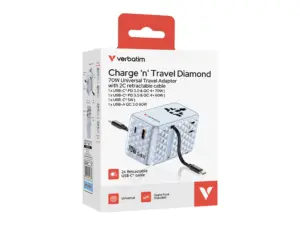 Adaptor Verbatim GaN,70W,2 cabluri retractab,bleuUSB-C PD 3.0 QC4+up to 70W/USB-A QC 4+up to 60W