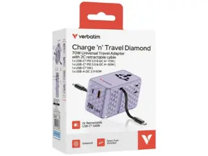 Adaptor Verbatim GaN,70W,2 cabluri retract,violetUSB-C PD 3.0 QC4+up to 70W/USB-A QC 4+up to 60W