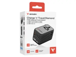 Adaptor Verbatim GaN,170W, cablu retractabil,negruUSB-C PD 3.1 QC4+up to 140W/USB-A QC 3.0 up to 18W
