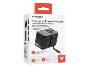 Adaptor Verbatim GaN,100W,cabluri retractab,negruUSB-C PD 3.0 QC4+up to 100W/USB-A up to 12W