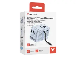 Adaptor Verbatim GaN,100W,cablu retractab,bleuUSB-C PD 3.0 QC4+up to 100W/USB-A up to 12W