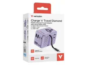 Adaptor Verbatim GaN,100W, cablu retractab,violetUSB-C PD 3.0 QC4+up to 100W/USB-A up to 12W