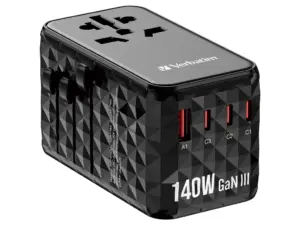 Verbatim Adaptor universal GaN III Travel 140W2xUSBC PD 3.1&QC 4+ 1xUSBC PD 3.0&1xUSBA QC 3.0