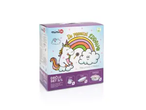 Set 3 piese Unicorn Metalac, email, Cana 8cm, Caserola cu capac 14cm, Farfurie 18cm
