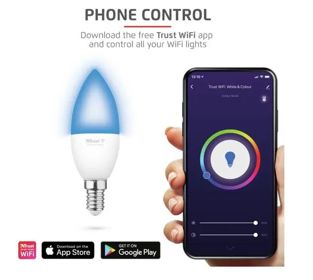 Pachet 2 becuri Trust smart LED RGBCW WiFi, E14 luminozitate 470 lm, clasa energetica A+ - imagine 4