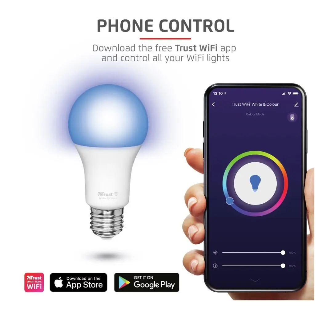 Pachet 2 becuri Trust LED RGBCW WiFi, E27luminozitate 806 lm, clasa energetica A+ - imagine 4